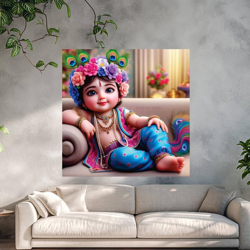 Image of British Terminal Cute little Bal Gopal Baby God Krishna| Kanha Ji | Laddu Lord Makhan Chor Painting Religious Poster for Pregnant Women for wall (matt thin vinyl,sticker,multicolor,unframed)| bj378