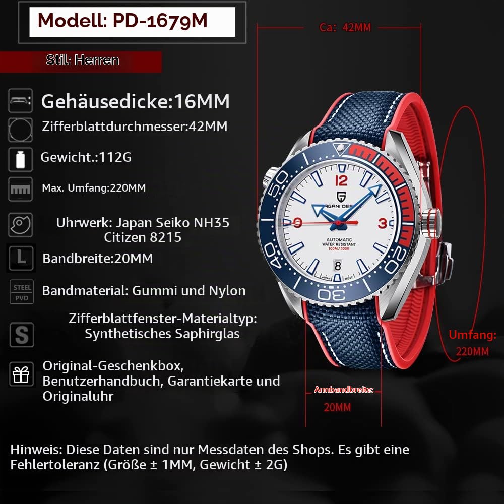 Pagani Design Mechanische Herren-Automatik-Business-Uhr, Edelstahlgehäuse, 100M wasserdicht, Nylon-Kautschukband, Saphirglas, Automatische Herren-Taucheruh