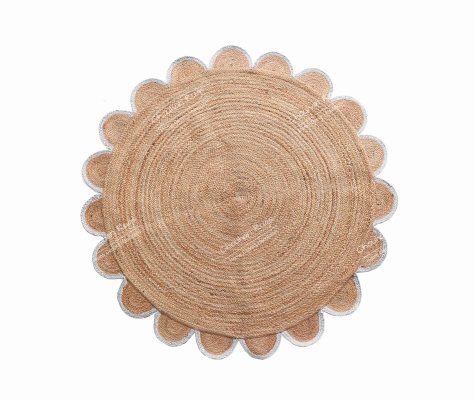 4x4, 5x5, 6x6,feet Natural Jute Scallop Round Rug, Floor Scalloped Edge Rug Braided Boho Eco Large Circular Handmade Area Rugs