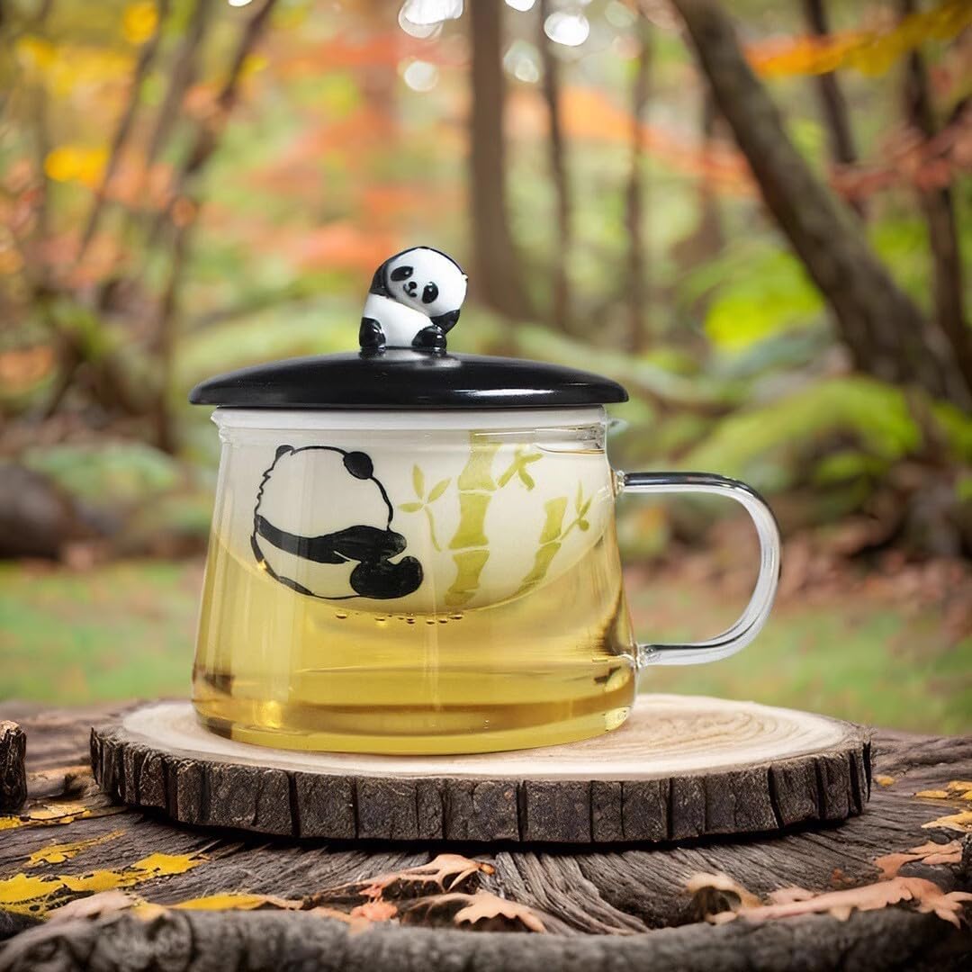 Szklana filiżanka do herbaty Panda, szklany zaparzacz do herbaty, ceramiczny zaparzacz z sitkiem i woreczkiem na sznurku, szklana filiżanka do herbaty z liściastej herbaty, 380 ml