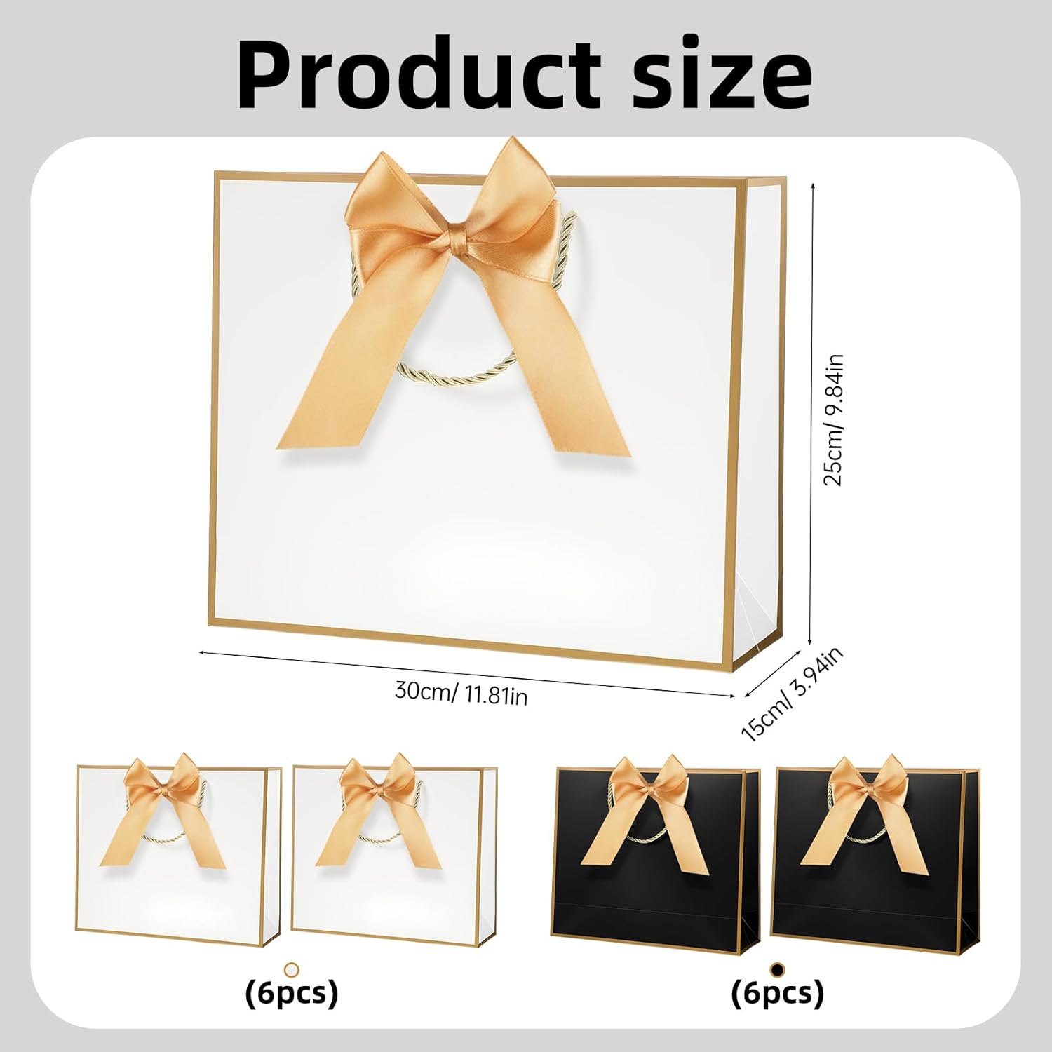 Supervitae 12pcs Thank You Gift Bags with Handles 11.8 x 4 x10 Inch Medium Large Paper Gift Bags with Bow Ribbon for Wedding Birthday Baby Shower Bridesmaid Party (Black,White,Gold) - Image 2