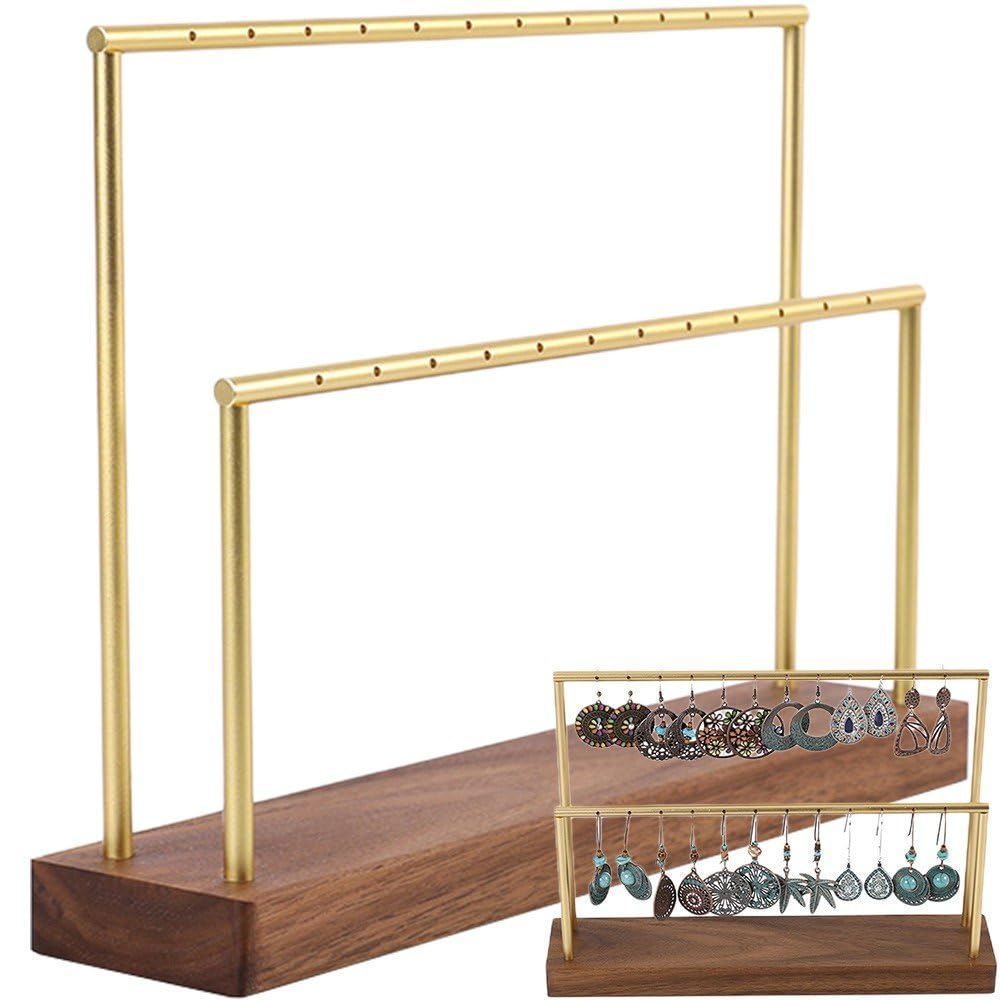 Présentoir de boucles d'oreilles double couche à base en bois