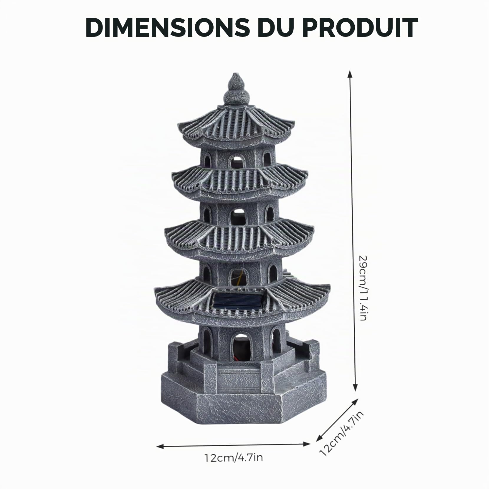 Décoration de jardin japonais, statue de jardin pagode, lanterne pagode à énergie solaire en résine, décoration japonaise zen d'extérieur pour balcon, patio, porche, cour 11, 4 x 4, 7 x , 7 pouces