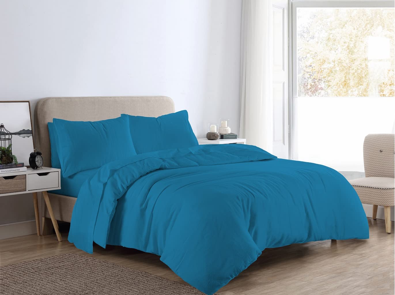 click2style 4 Piece Bedding Set of 100% Brushed Cotton Flannelette Duvet Cover Pillow Cases with Fitted Sheet Bed Set (Teal, Double)