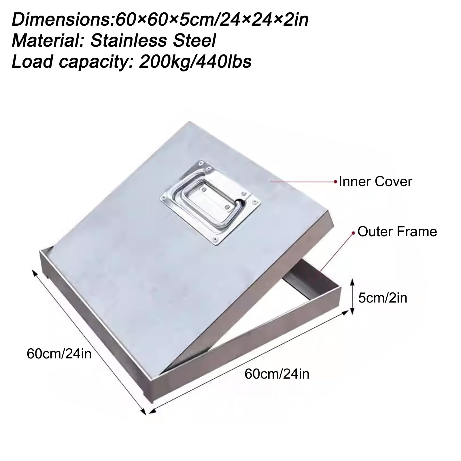 Tapa Arqueta Oculta, Tapa de Acero Inoxidable para Tanque Séptico con Asa, Escotilla de Acceso Cuadrada, para Uso Exterior o Industrial(60x60x5cm/24x24x2in)
