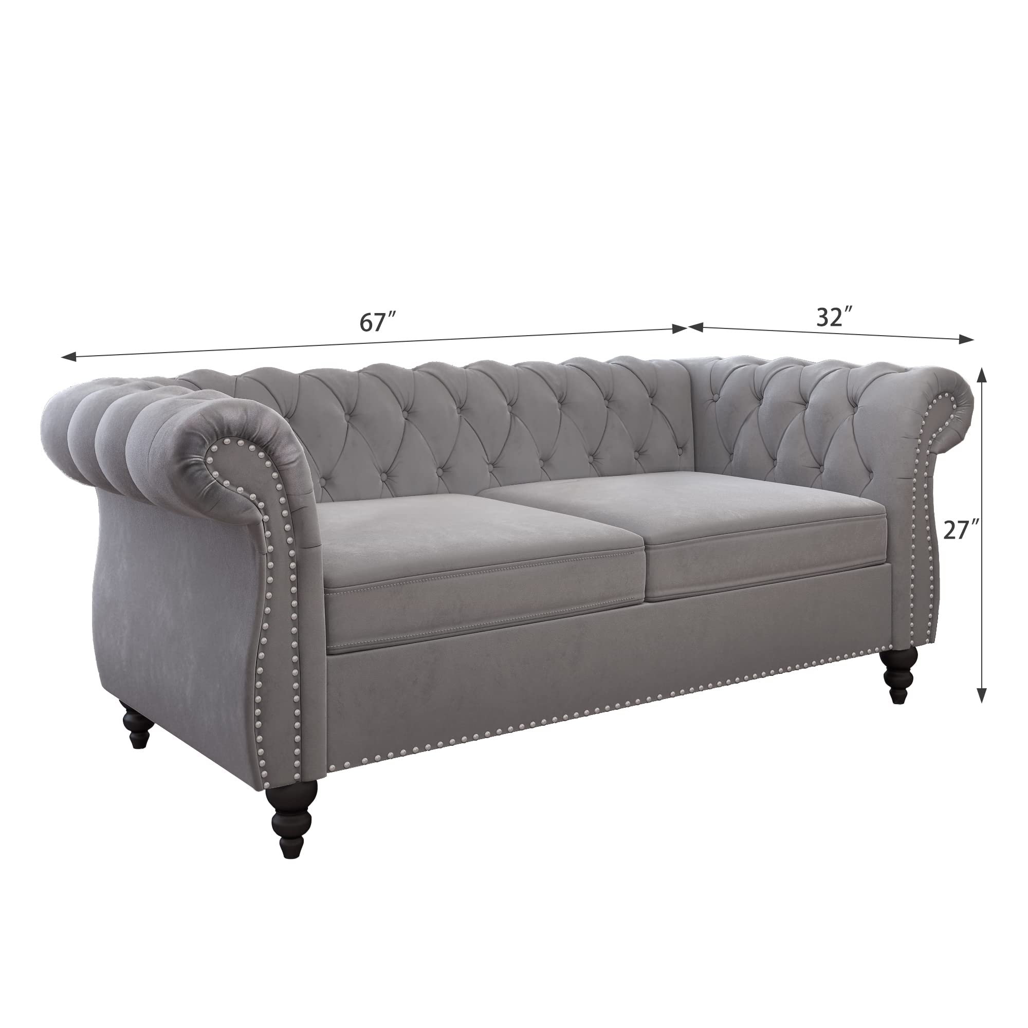 Incomplete- Chesterfield Loveseat, Modern Velvet Sofa Tufted Couch 2 Seater with Scroll Arms and Nailhead for Living Room, Bedroom, Office, Apartment (Grey) - Arms not included 