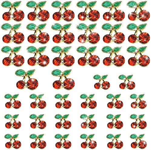 40 Pcs 3D Cherry Nail Charms Nail Rhinestones Nail Art Shiny Nail Gems Nail Glitter Studs Cute Fruit Nail Slices Diamond Crystal for Women Girl Jewelry Making Crafts DIY Manicuring (Red Gold, 6mm/8mm)