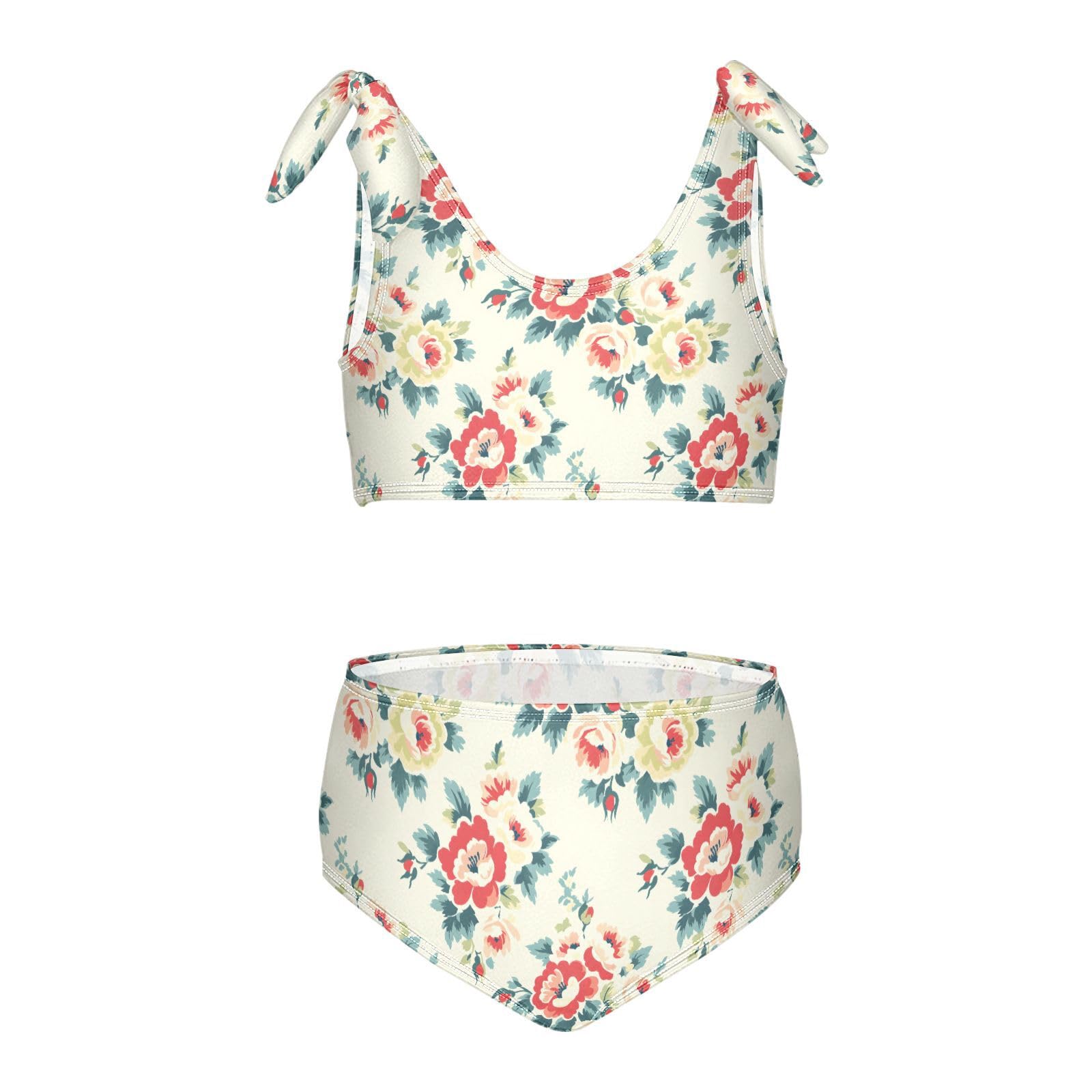 Flowers Pattern Girls Two Piece Tankini Swimsuits Summer Bathing Suit Beach Swimwear Set, 11-12T Multicoloured