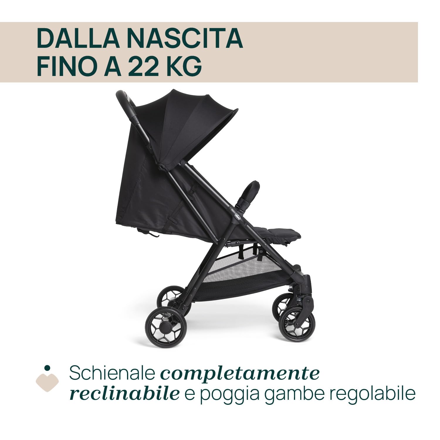 Chicco Urbino, Passeggino 0+ Mesi-22 Kg, Passeggino Leggero con Chiusura Smart e Compatta, Capotte Estensibile con Trattamenti UV50+ Antipioggia, Schienale Reclinabile e Regolabile, Poggiagambe, Nero