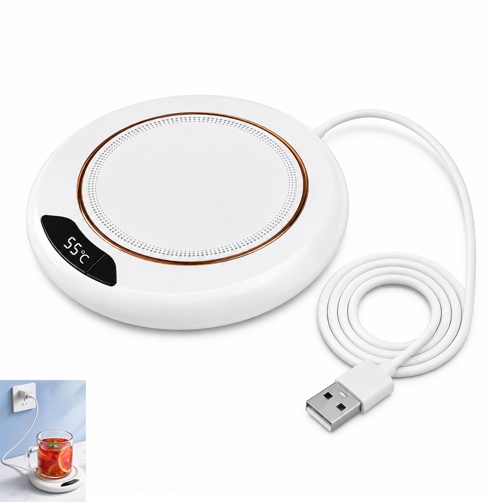 Coffee Mug Warmer, Cup Warmer for Desk USB Powered with LED Display and Smart Touch Control Heated Beverage Plate for Coffee Tea Milk Hot Chocolate Compatible with Ceramic Glass Metal Mugs White