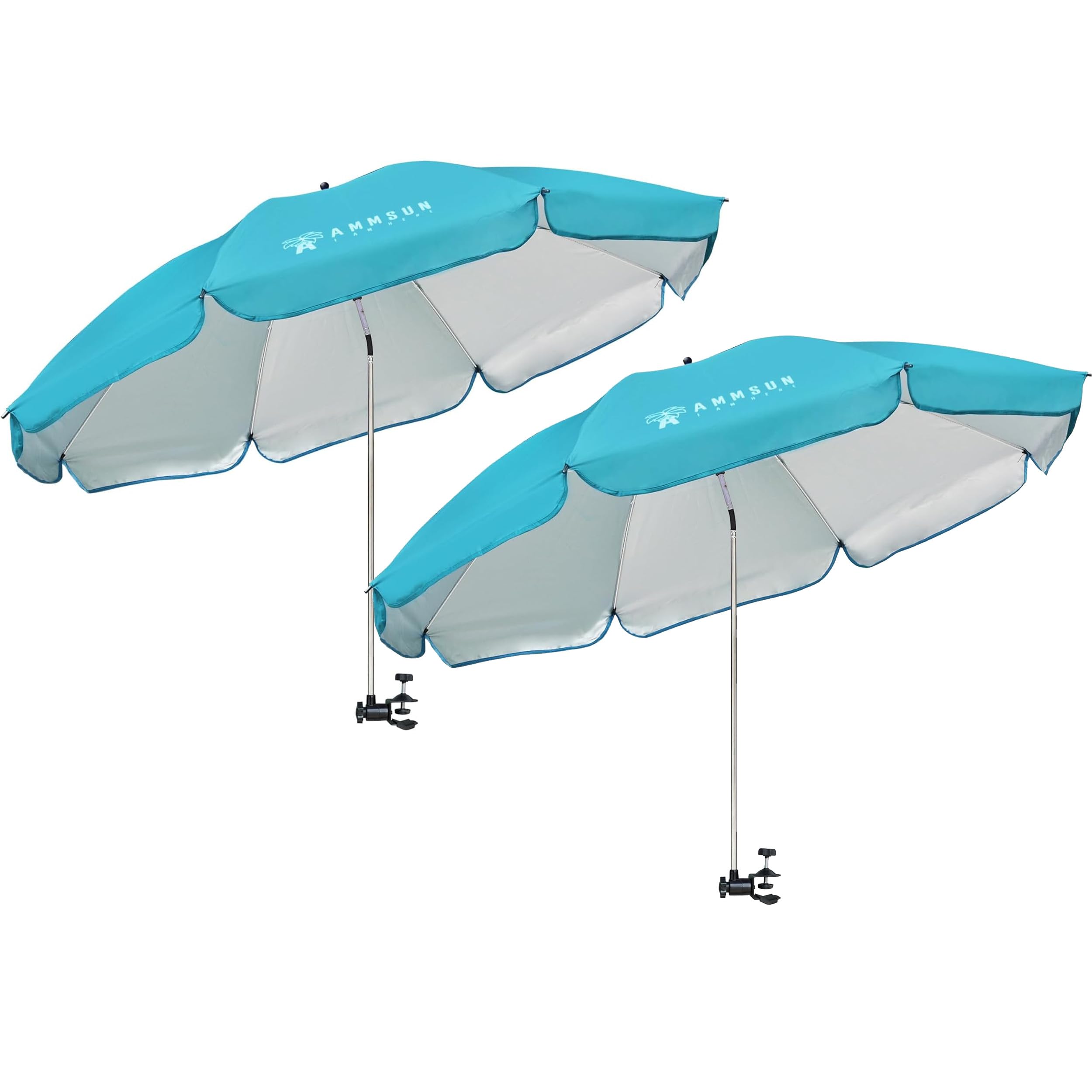 AMMSUN XL Chair Umbrella with Universal Clamp 52 inches and 360-degree Swivel UPF 50+, Portable Clamp on Camping or Beach Chair, Stroller, Wheelchair, Golf cart, Lounger (Bright Blue-2 PACK)