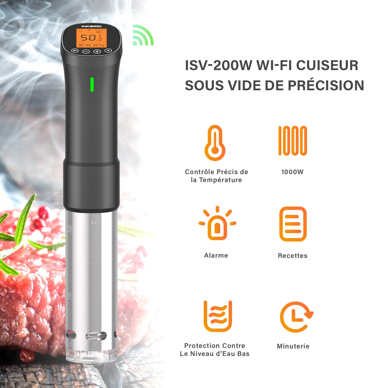 Inkbird ISV-200W Cuiseur Sous Vide WiFi,Cuiseur Oeuf Thermoplongeur Sous Vide Cooker 1000W,Calculateur d'Immersion Cuisinière Thermostat Réglable,Contrôle Précis pour Viande,Oeuf,Légumes