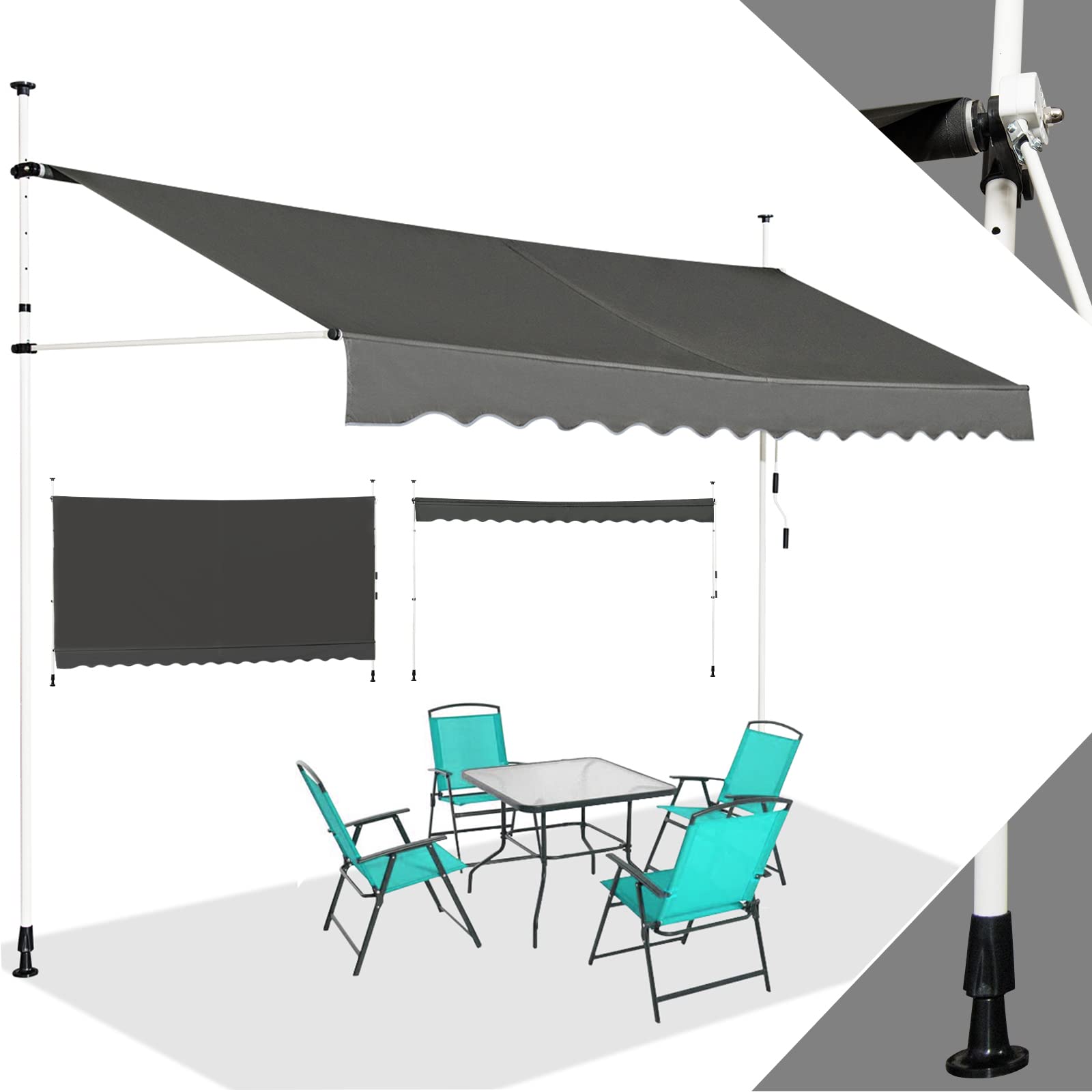 RELAX4LIFE Klemmmarkise 400 cm breit, Markise Balkon ohne Bohren, Höhenverstellbare Balkonmarkise mit Handkurbel, Sonnenschutz für Terrasse Balkon Veranda (400x175cm, Grau)