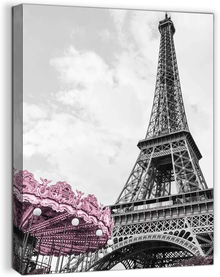 Paris Eiffel Tower Wall Decor for Girls Bedroom Black and White Bathroom Pictures Wall Decor Artwork for Walls Modern Home Art Pink Paris Themed Room Decor Canvas Framed Art Wall Decoration Size 12x16