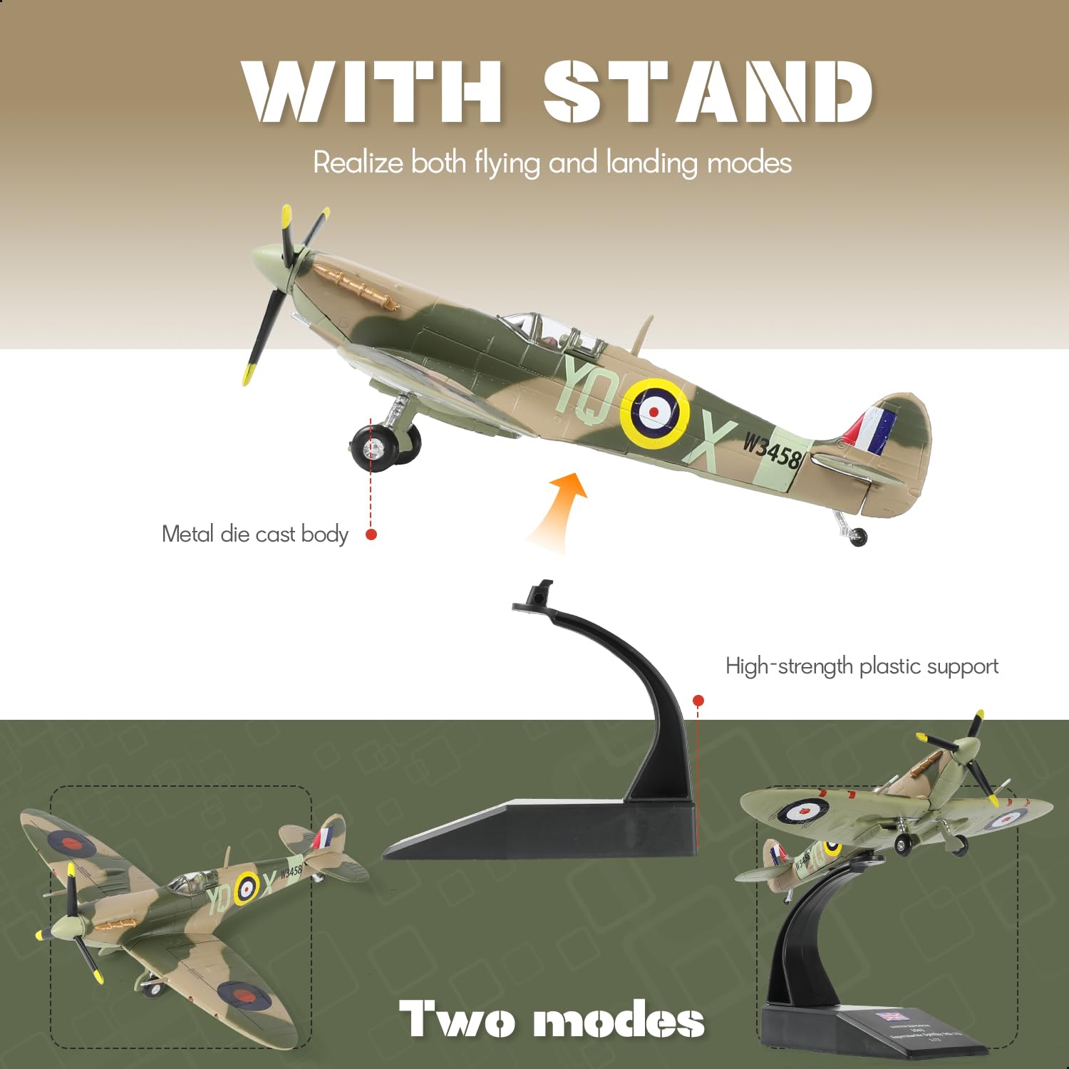 NUOTIE 1/72 UK Super Navy Spitfire - Maqueta de avión de combate de metal fundido a presión, simulación de la Segunda Guerra Mundial, modelo retro con soporte