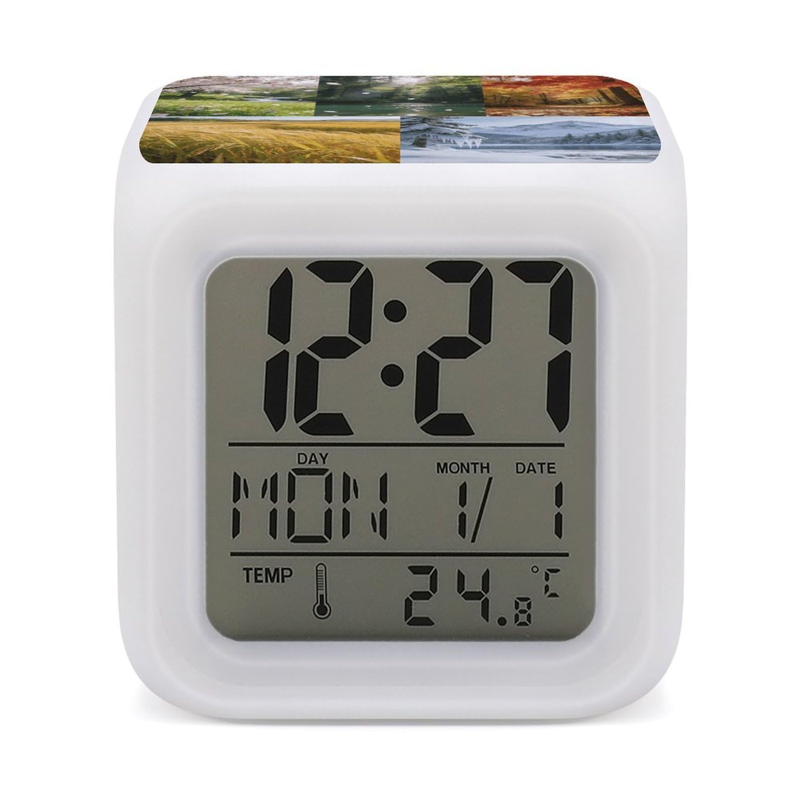 LZQPOEAS Scenery of The Four Seasons Alarm Clock with 7 Color Changing Nightlight for Bedroom Calendar Temperature Display Wake Up Digital Clock Small Desk Clocks for Heavy Sleepers Adults