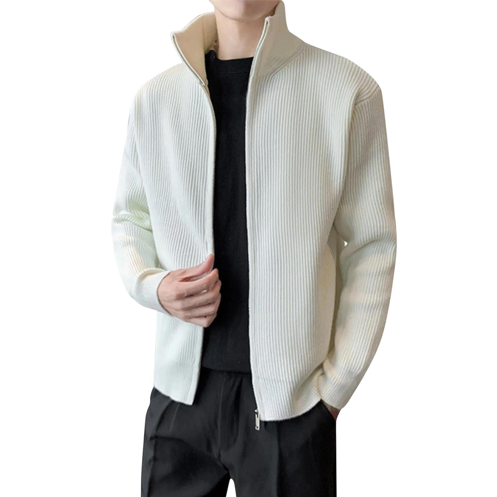 Cárdigan de punto blanco para hombre en talla XL con cuello alto y cremallera 8