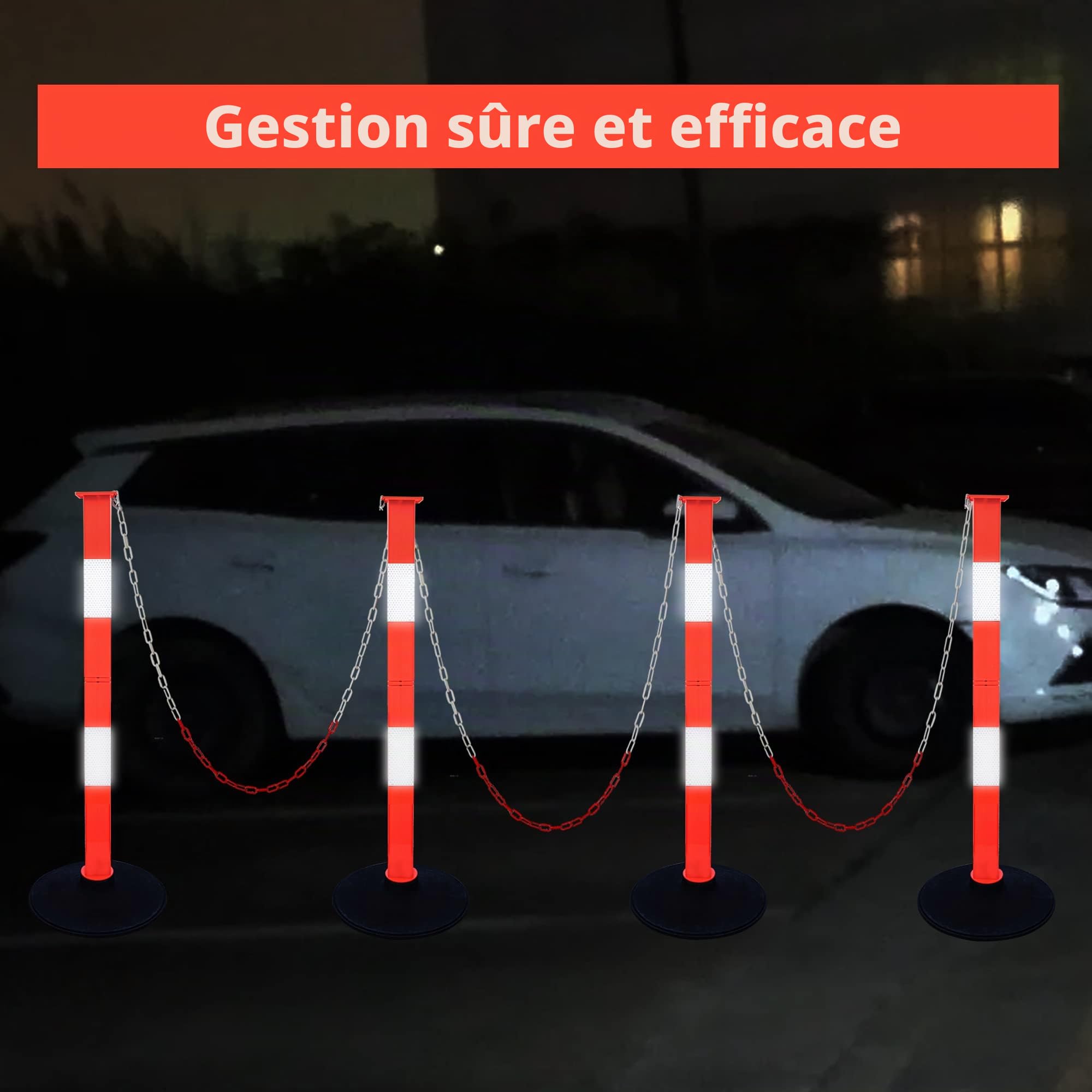 Poteau d'eyeliner avec base lestée et colliers réfléchissants, cônes de stationnement réglables avec chaînes de 4 pieds, poteau de barrière d'entrée de véhicule orange portable pour contrôle
