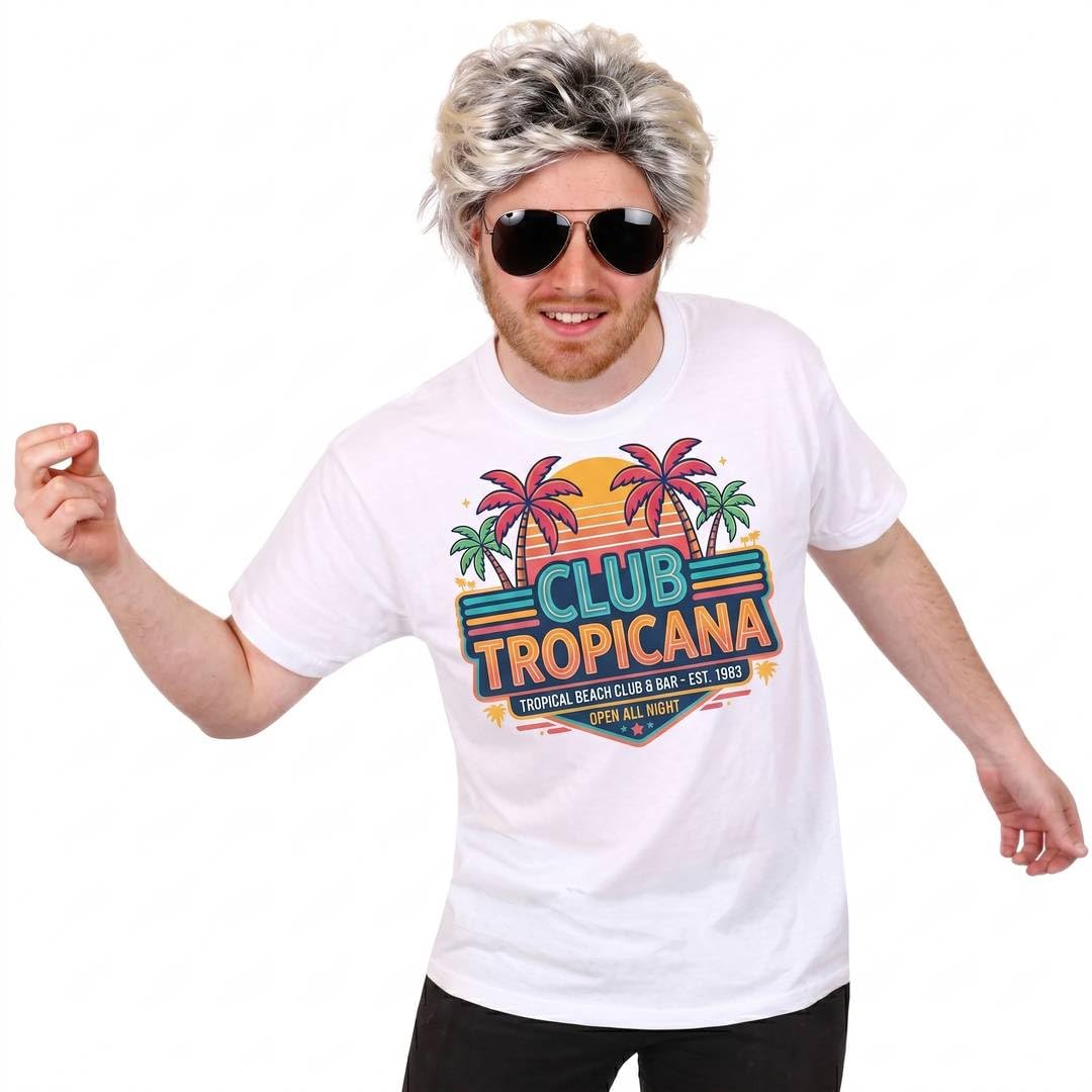 Adults 80s Pop Icon Fancy Dress Set White Club Tropicana Graphic T-Shirt With Blonde Wig and Aviator Sunglasses Retro Summer Party Costume Kit Small to XXL
