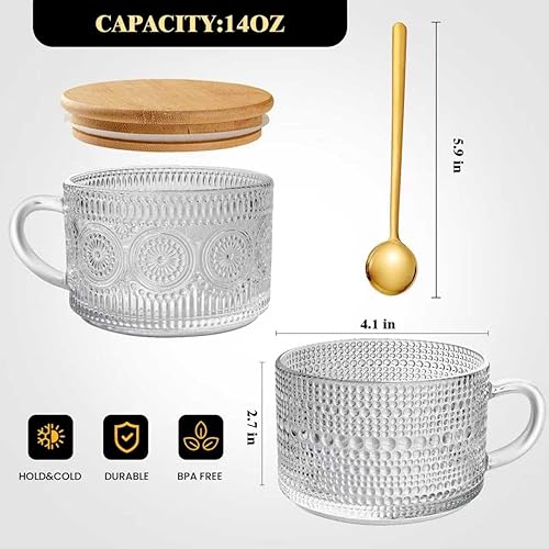 Miniatura 2 de Paquete de 6 tazas de café de vidrio vintage de 14 onzas con tapas de bambú y cucharas doradas, cuenco de yogur, regalos de cocina para mujeres