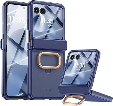 Compatible with Motorola Razr60 Ultra/Razr 60 Folding Case, Built-in Screen Protector and Magnetic Hinge Protection, Ring Kickstand, Matte Ultra Thin TPU Oil-Repellent Anti-Bubble for Razr 50 Blue