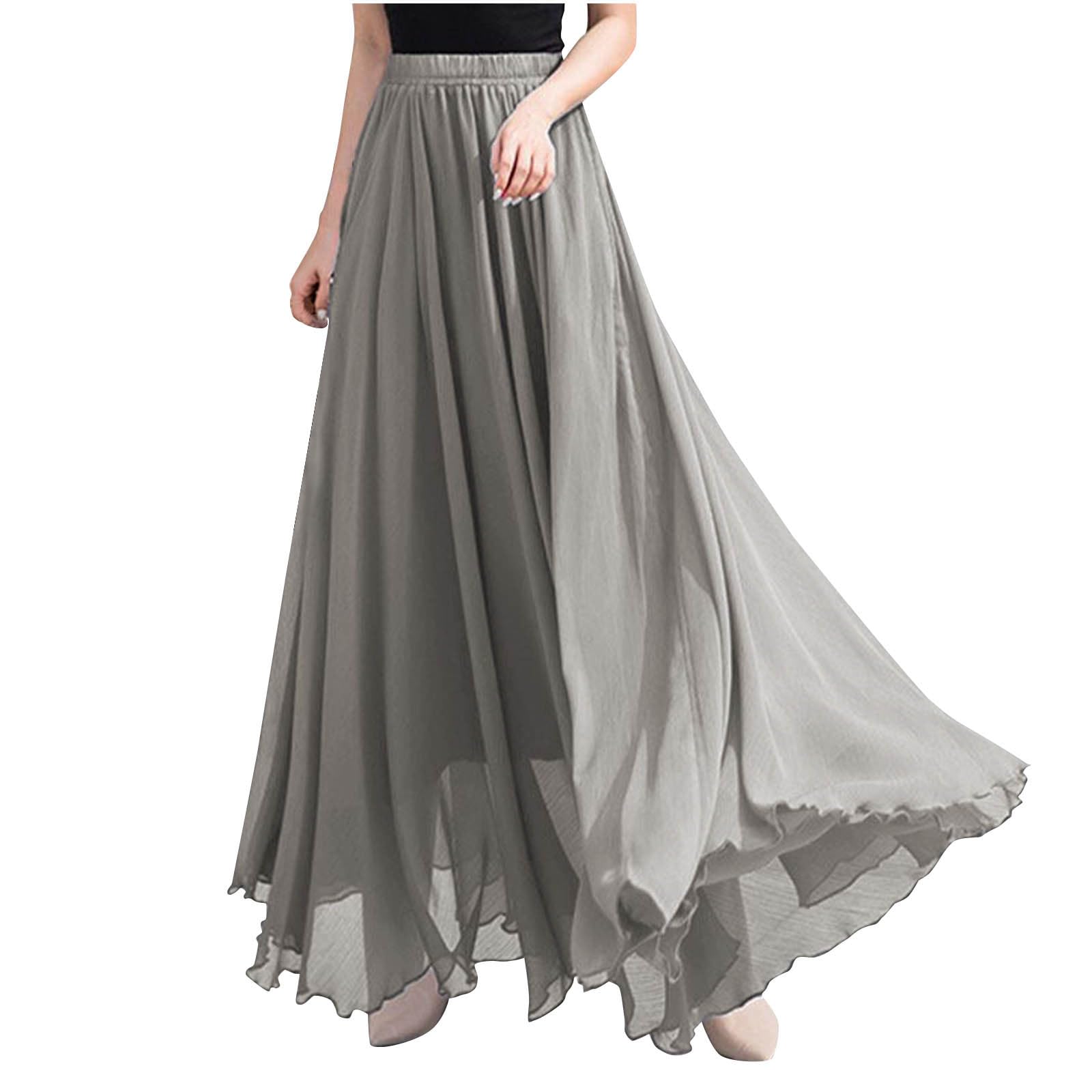Women Fashion Elegant Maxi Skirts Solid Color Elastic High Waist Long Skirt Summer Trendy Flowy Swing Chiffon Skirt