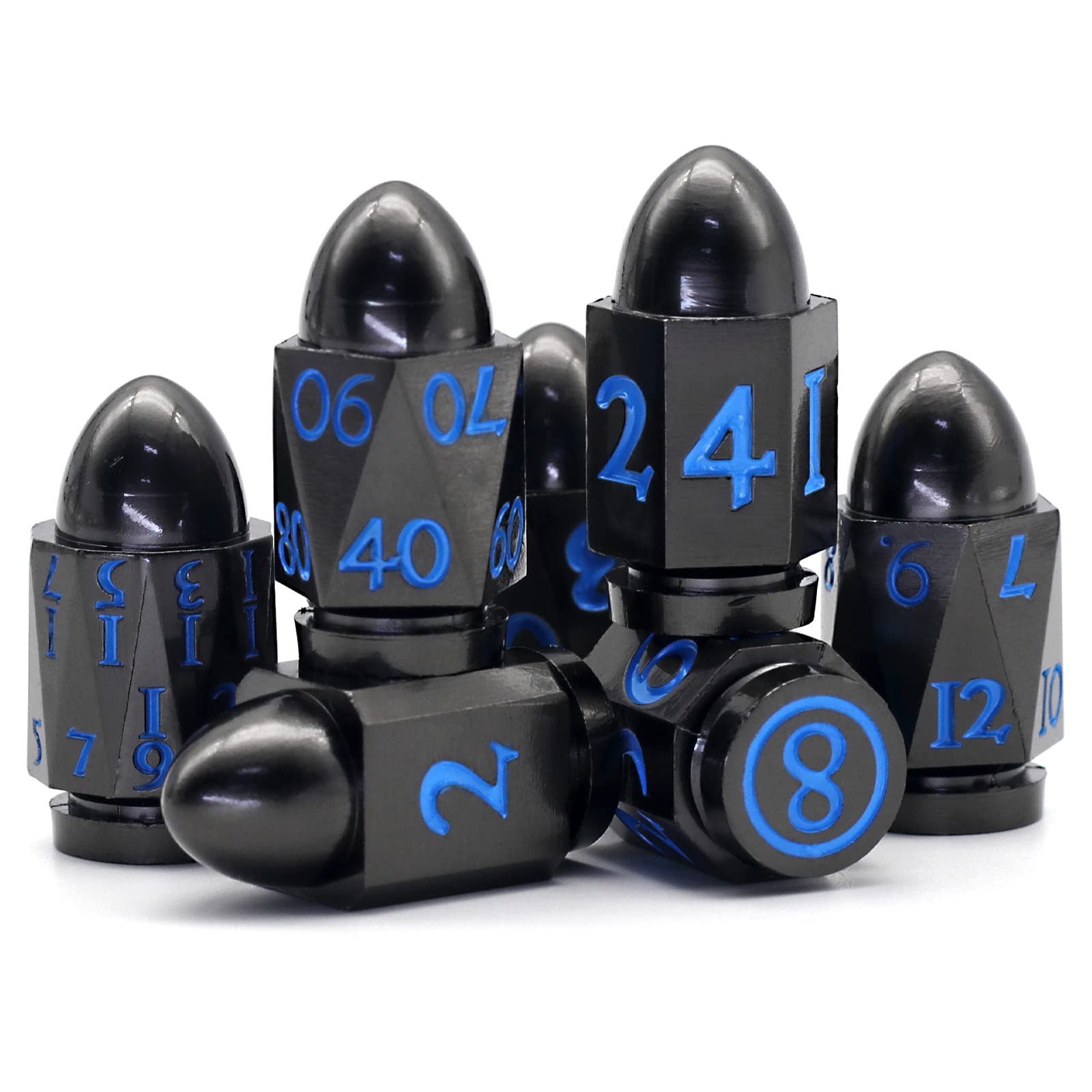 Bullet Metal Dice Set D&D, HNCCESG DND Dice for Dungeons and Dragons RPG Dice DND Polyhedral D and D Dice for RPG Table Board Games Warhammer Shadowrun Yahtzee (Bullet Black Blue)