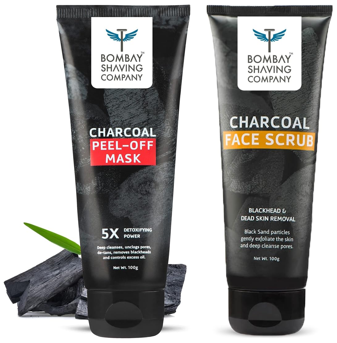 Activated Charcoal Peel Off Mask with 5X Detoxifying Power fights pollution & Bombay Shaving Company Charcoal Face Scrub with Black Sand Exfoliates skins & Removes Black Heads