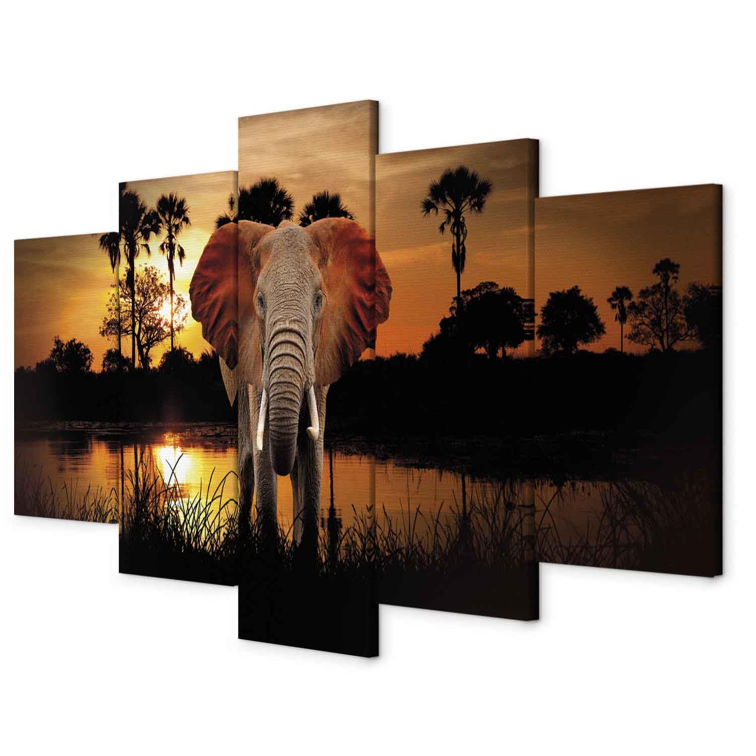 Cuadros B&D XXL - Cuadro en Lienzo Animales 100x50 cm 5 Piezas - Impresión en Material Tejido no Tejido Cuadros Decoracion Salon Modernos lienzos Decorativos - Paisaje Africa Elefante g-C-0024-b-m