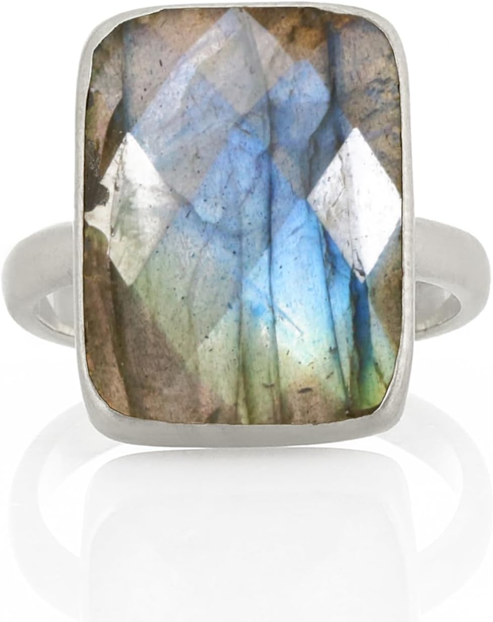 Silver Stackable Statement Ring - Large Rectangle Labradorite Gemstone - 925 Sterling Silver Design - Natural Eye-Catching Jewelry