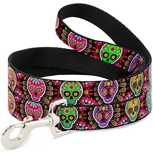 Dog Leash Six Sugar Skulls Multi Color 6 Feet Long 1.0 Inch Wide