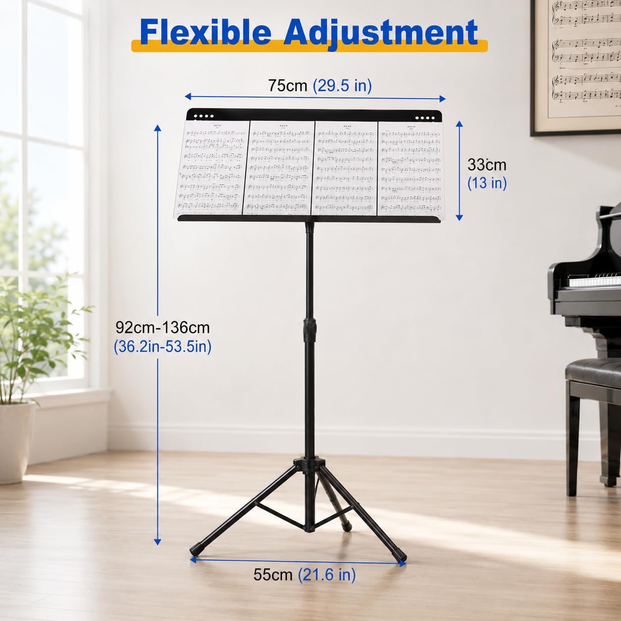 Soporte de música resistente, ajustable de 36.2 a 53.5 pulgadas, soporte para partituras con escritorio giratorio para actuaciones en escenario y estudio