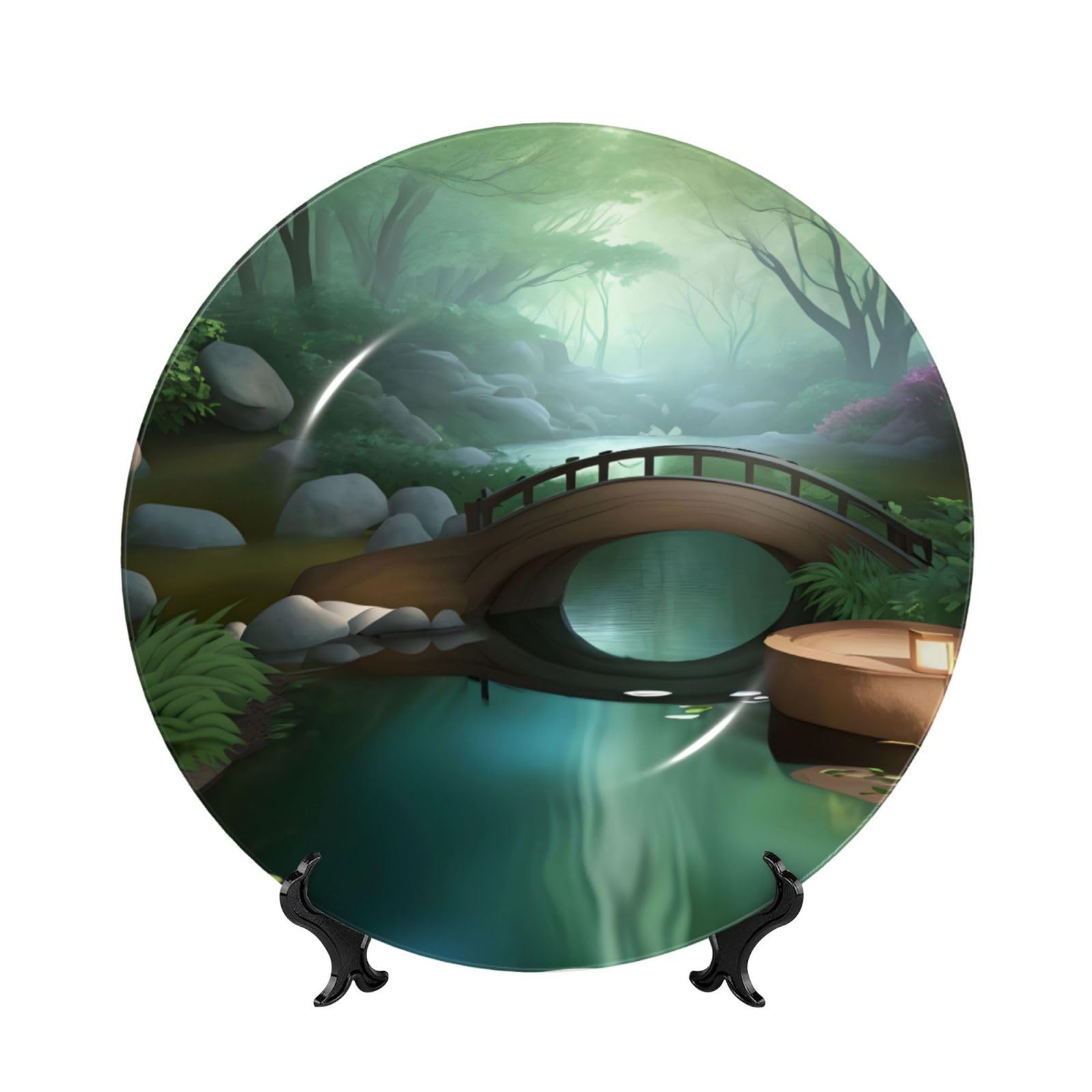 SXZVVBN Little Bridge in the East Bone China Decorative Plate Art with Stand Removable Adhesive Hanging for Home Office 7in