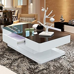 TUKAILAI White and Black High Gloss Coffee Table with 2 Drawers Storage Space 8mm Tempered Glass Table for Living Room Furniture Reception Waiting Area Table