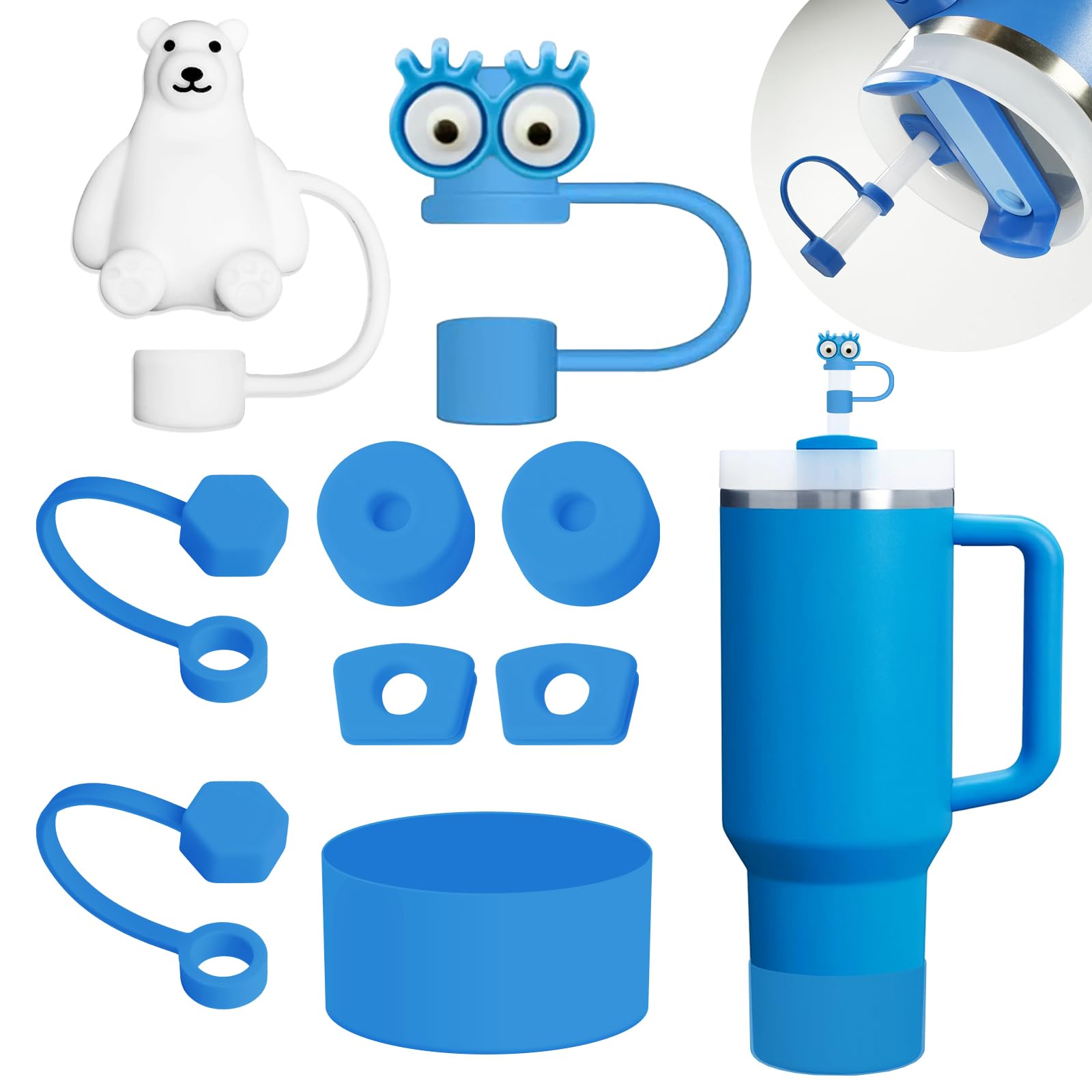 Cup Accessories Set Includes 6Pcs Silicone Spill Proof Stopper, 2Pcs Straw Cover Cap for 9-10 mm Straw, 1Pcs Silicone Boot Compatible with Stanley Cup 40oz&30oz Tumbler(Azure), standard