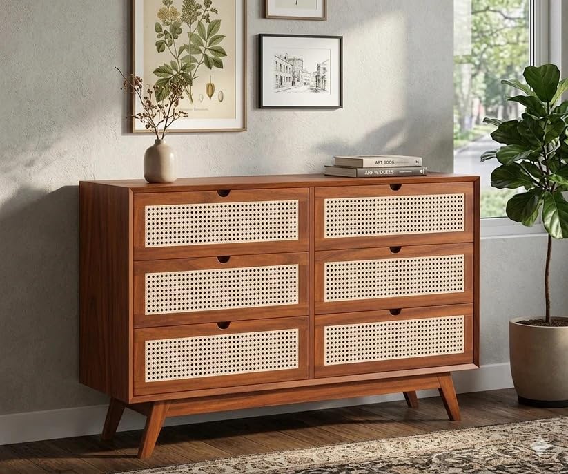 Image of Space Galaxy Sheesham Wood Chest of Drawer with Cane Rattan Fronts | 6 Drawer Storage Cabinet & Wooden Dresser | Mid Century Modern Furniture Organizer for Bedroom, Living Room & Home|Honey Oak Finish