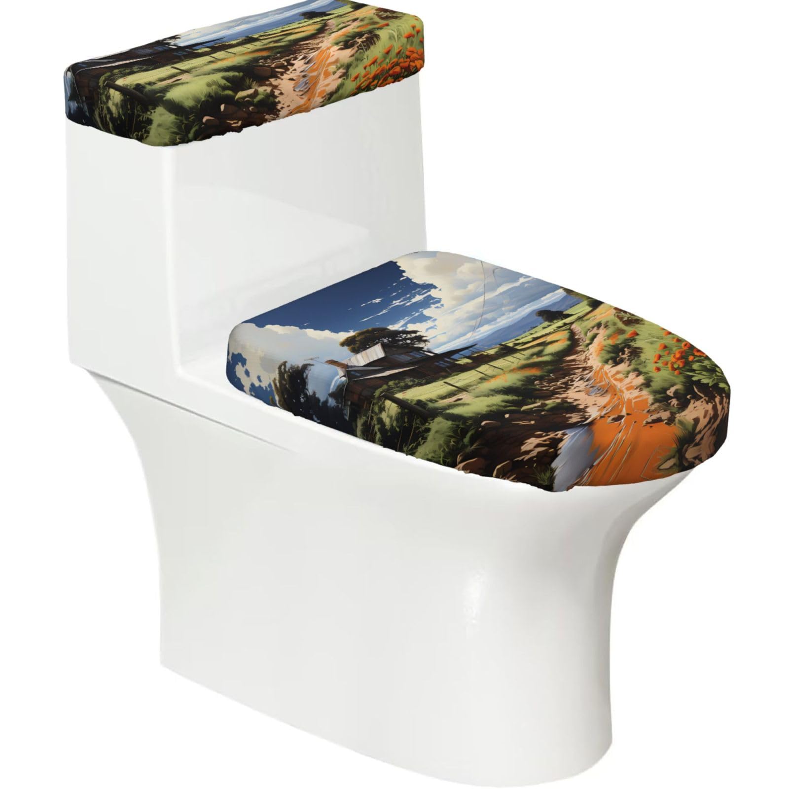 Idyllic Scenery 2-Piece Toilet Seat Cover Set with Tank Lid - Elastic for U-Shape & Elongated - Bathroom Decor