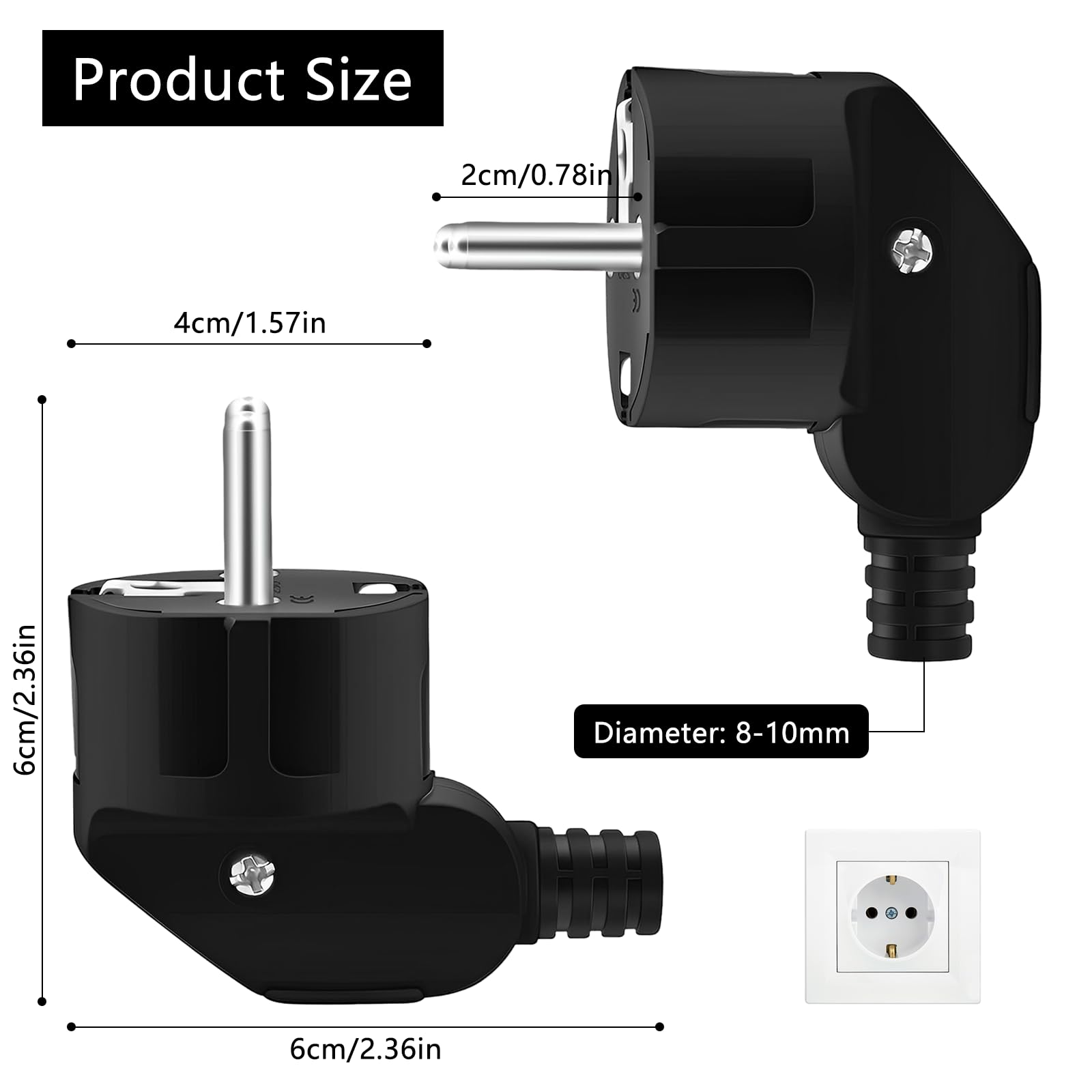 8 sztuk wtyczek Schuko 250 V/16 A wtyczka euro, wtyczka sieciowa, wtyczka kątowa | Wtyczka zasilająca, zestyk ochronny, wtyczka do kabli 8-10 mm do małych urządzeń gospodarstwa domowego