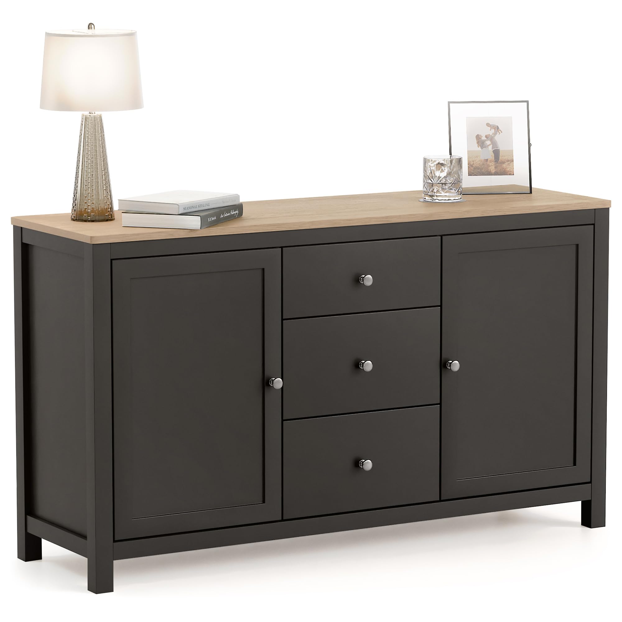 CHRISTOW Sideboard Storage Cabinet with Oak-Effect Top, 3 Drawers & 2 Cupboards with Adjustable Shelves, Living & Dining Room Furniture, Sturdy MDF, Matte Painted Charcoal Finish, H79 x W137 x D40cm
