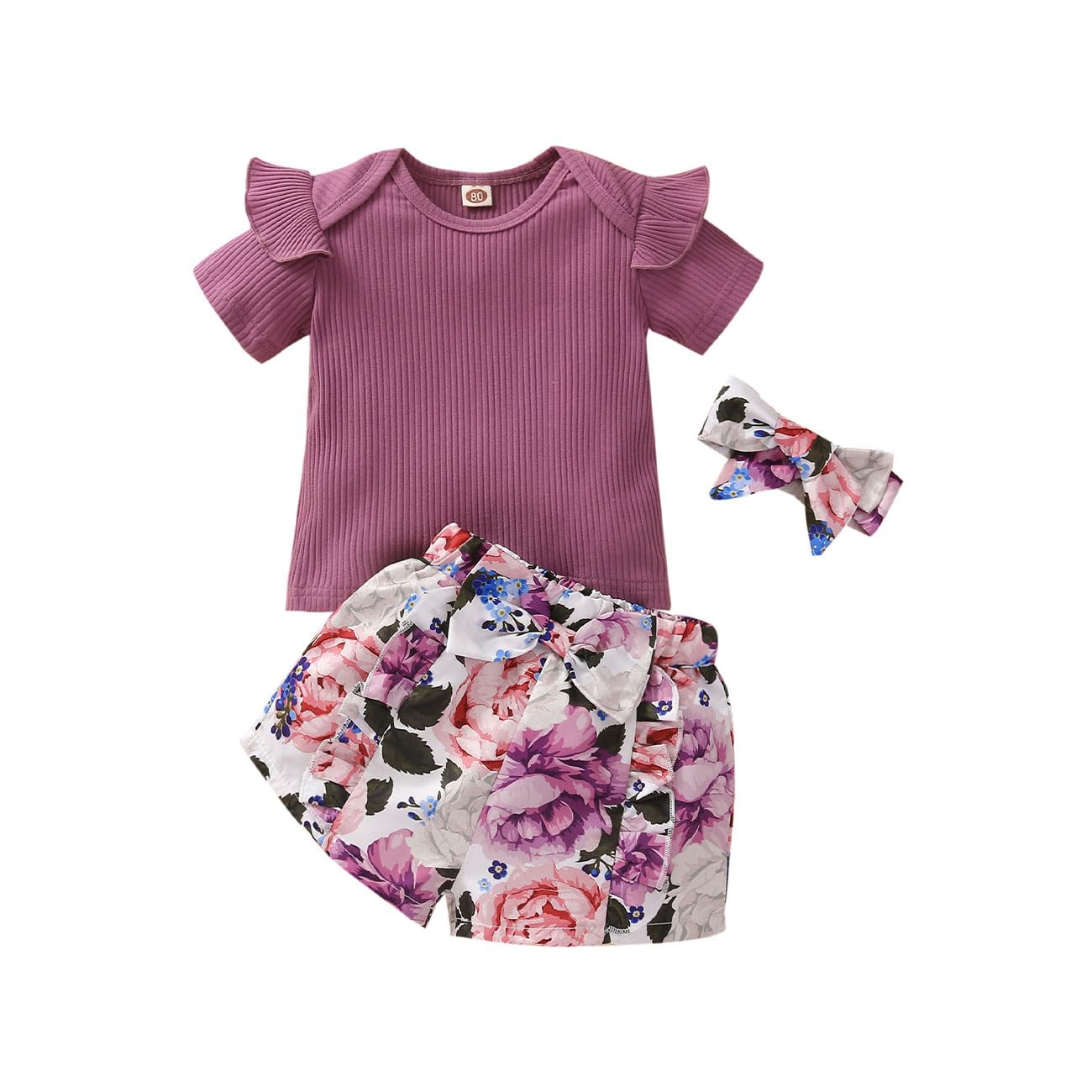 HEOXIN Neugeborene Mädchen Top + Blumenshorts + Schleifen-St