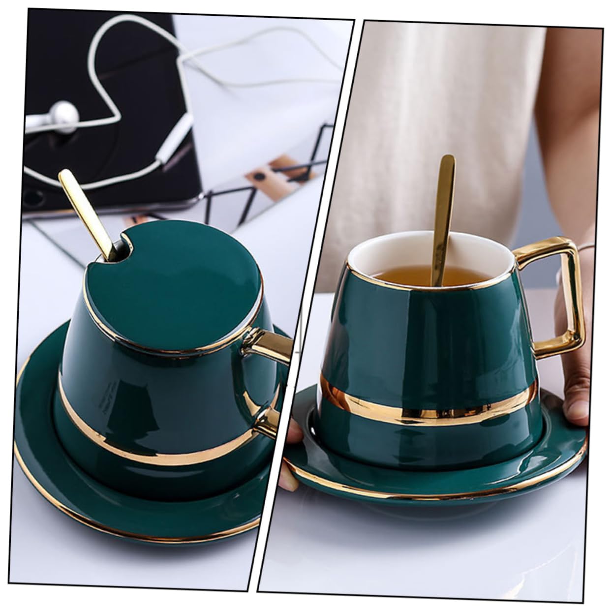Set di Tazze da Caffè Tazza e Piattino Verde in Ceramica Stile Europeo per Ufficio e Bar