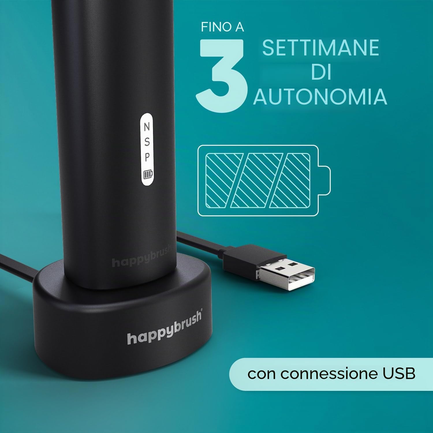 happybrush spazzolino elettrico ECO R2 Vincitore del test Ökotest Starter Set nero - spazzolino rotante sostenibile con batteria inclusa 3 testine e dentifricio al carbone attivo nero