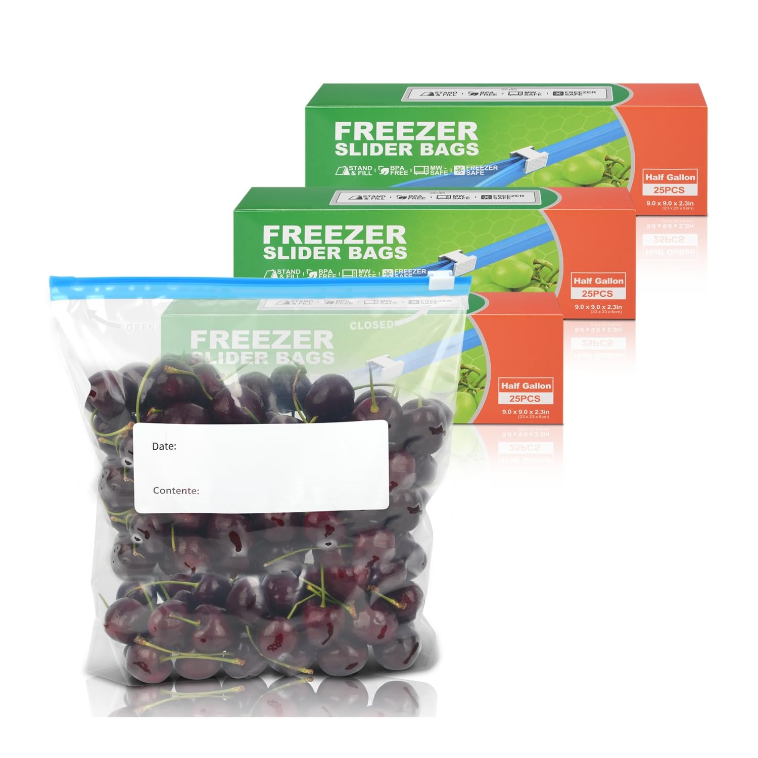 Taiyunwei Transparent 75Pcs Zip Lock Food Freezer Bags, 2.27L, Reusable Sandwich Bags With Expandable Bottom, For Storage Fruit, Snack, Veggie, Grain, Meat (75Pcs-Half Gallon-2.27L)