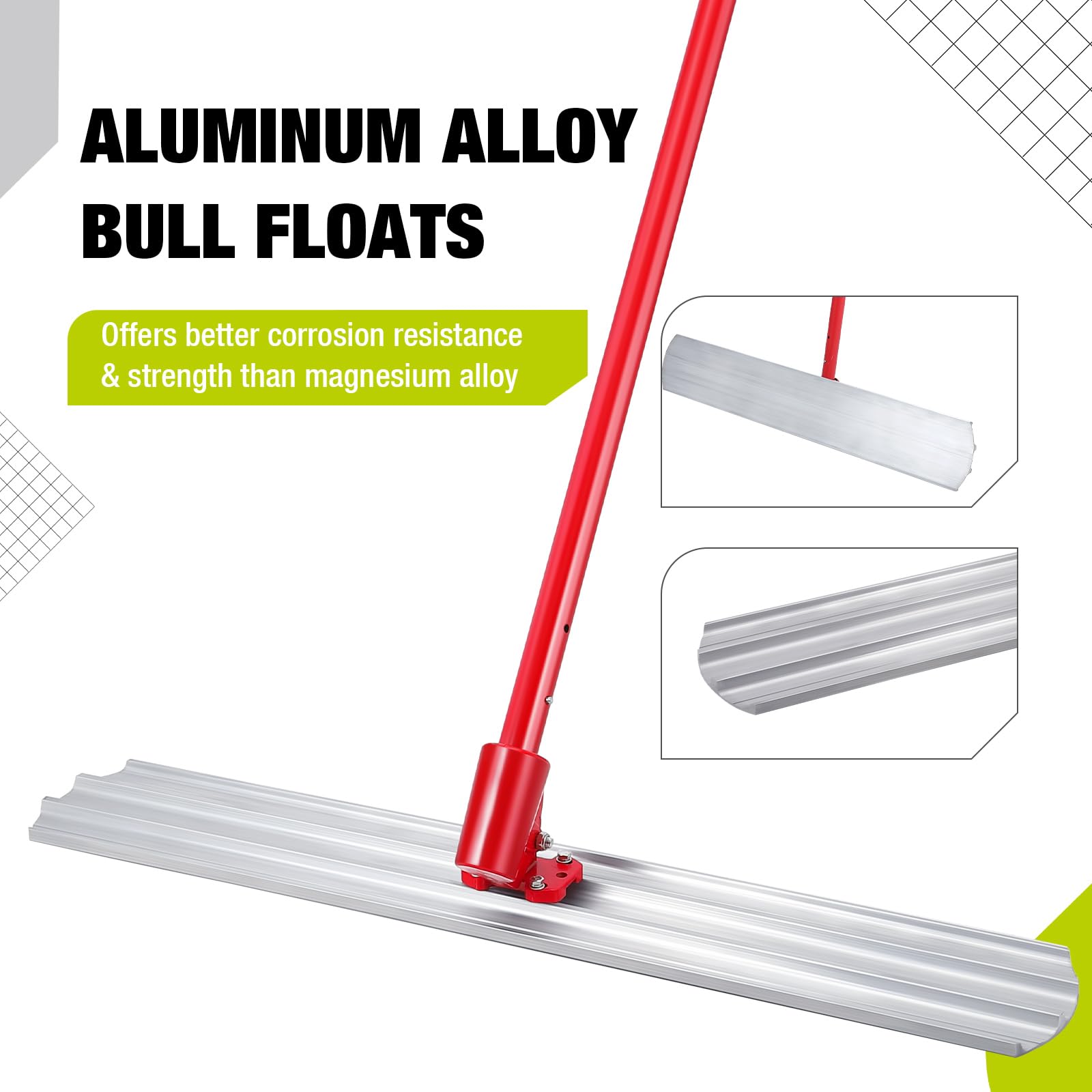 Garvee Flotteur Bull professionnel en magnésium pour béton – Outil de lissage et finition – Support réglable – Idéal maçonnerie – 48x8 pouces, 4 barres imbriquées, manche long 180CM
