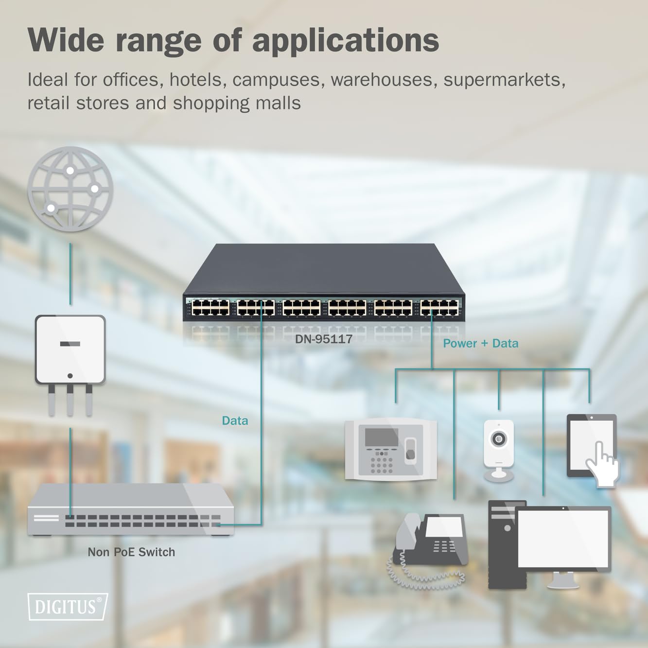 DIGITUS PoE+ Injecteur - 24 ports - IEEE802.3at - 10 Gbit/s - rack 19 pouces - 370 Watt total - jusqu'à 30 Watt/port