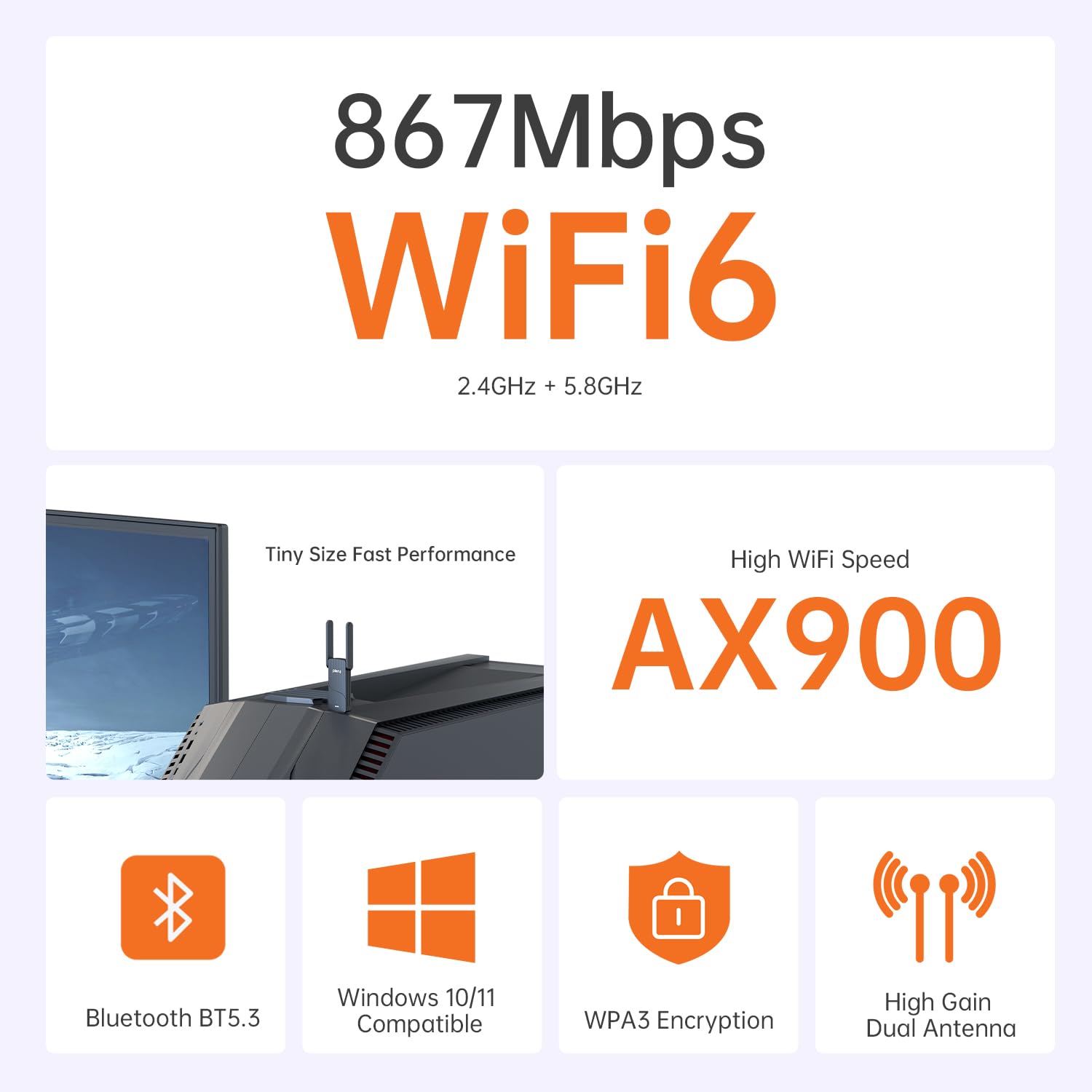AX900 WiFi 6 USB WiFi Dongle, Bluetooth WiFi Adapter for PC Desktop, Dual Band 5GHz & 2.4GHz WiFi Adapter, High Gain Antenna, Built-in Driver for Windows 10/11, WPA3 Security, Easy Setup — view 3