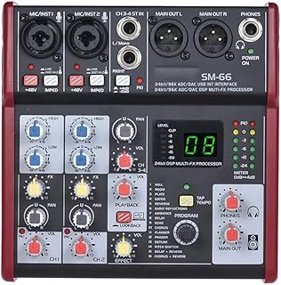 ZZBJ SM-66 4-Channel Mixer Sound Card Audio Mixing Console Built-in 16 Effects with USB Audio Interface Supports 5V Power Bank for DJ