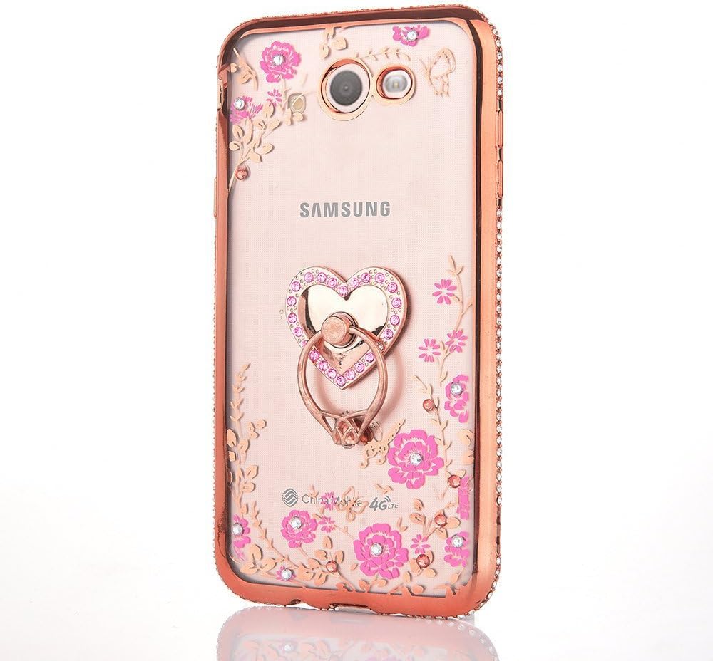 CaseHaven Galaxy J7 Prime 2017 Case, Glitter Crystal Heart Floral Series - Bling Rhinestone Clear TPU Case with Ring Stand for Samsung Galaxy J7 Perx/Galaxy J7 Sky Pro/Galaxy J7 V - Rose Gold