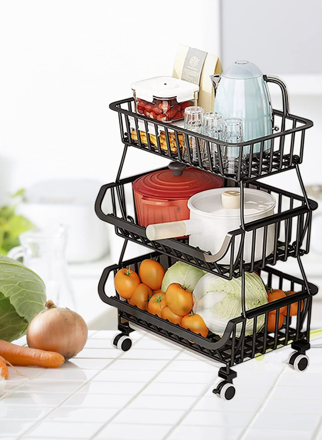OKZEST 3 Tier Fruit Vegetable Baskets Rack, Kitchen Metal Wire Stackable Storage Basket Rack with Wheels, Produce Organizer Vegetable Storage bins Holder Shelf, Rolling Utility Cart for Kitchen, Pantry, Bathroom, Garage(Black)