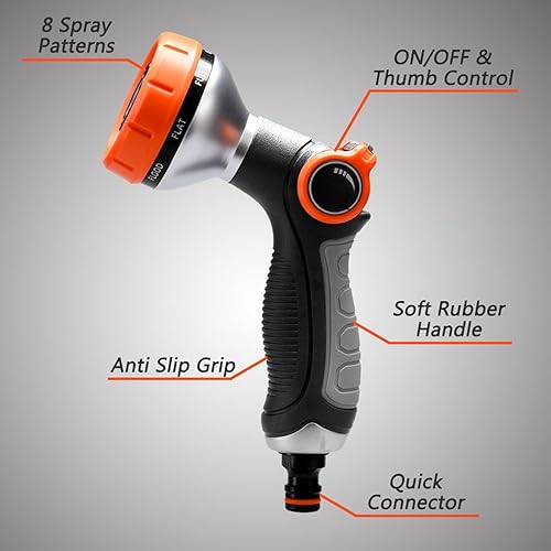 Miniatura 2 de Boquilla de manguera de jardín, rociador de manguera de alta presión con 8 patrones de riego ajustables, control de flujo de pulgar, resistente para